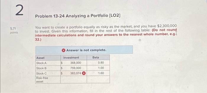 13-2 2 Problem 13-24 Analyzing a Portfolio [LO2) 5.71 points You want