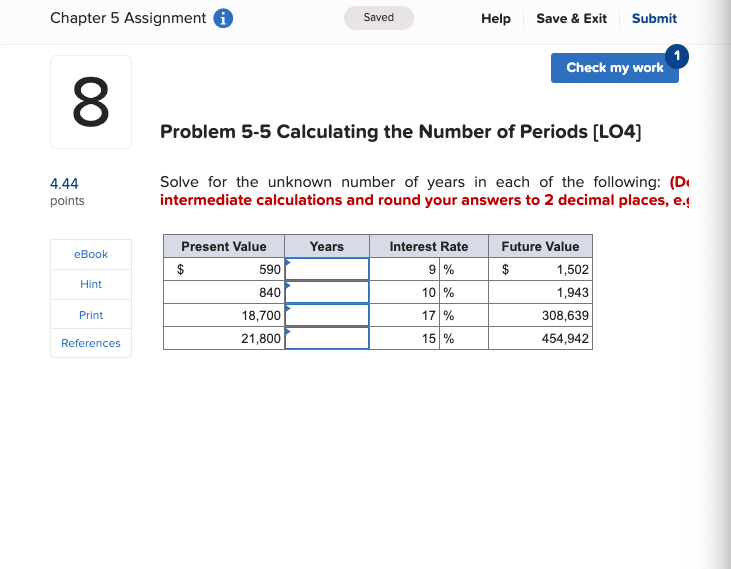  Chapter 5 Assignment Saved Help Save & Exit Submit Check my