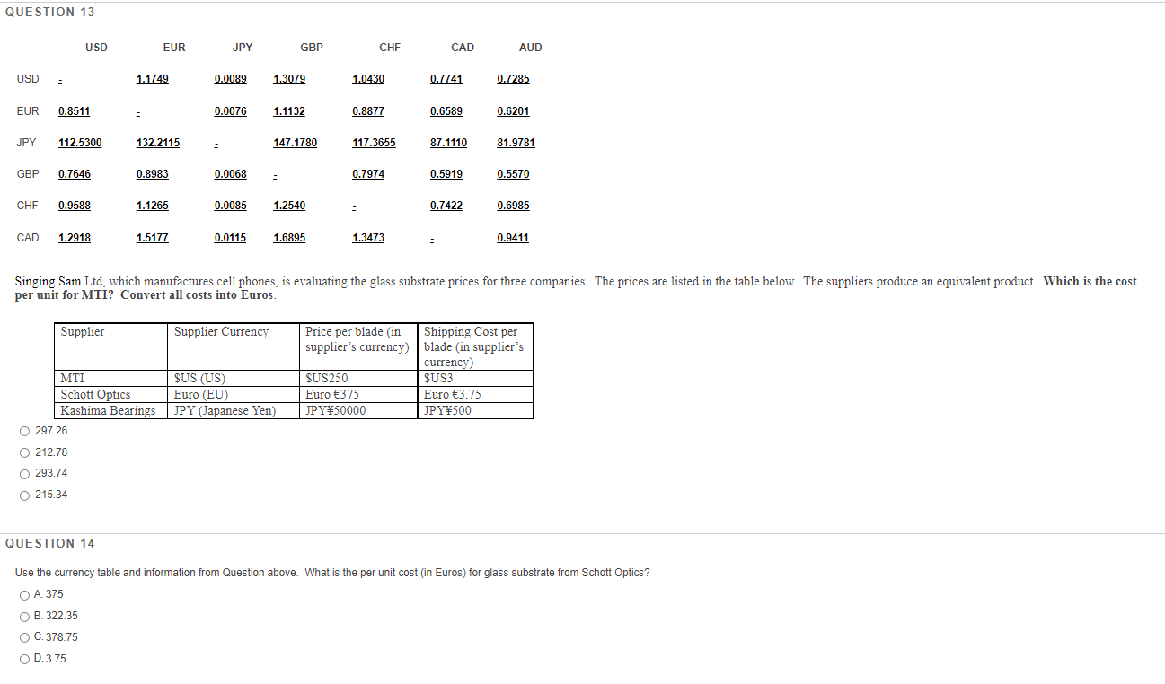 ONLY NEED ANSWER TO QUESTION 14 ONLY THANKS QUESTION 13 USD EUR
