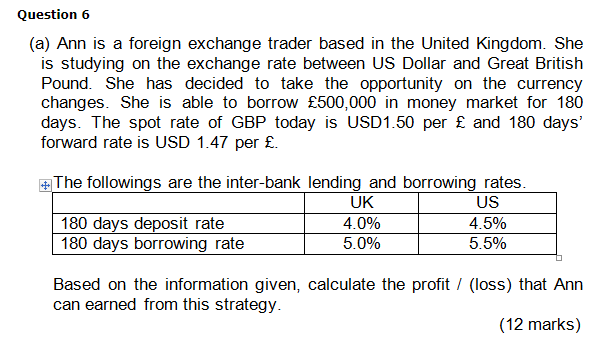 Question 6 (a) Ann is a foreign exchange trader based in