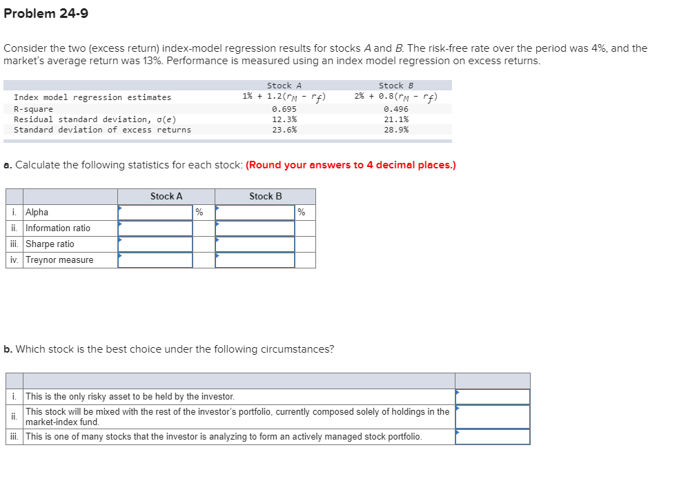 Problem 24.9 Consider the two (excess return) index-model regression results for