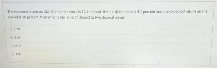 need expert ASAP The expected return on Kiwi Computers stock is 12.9