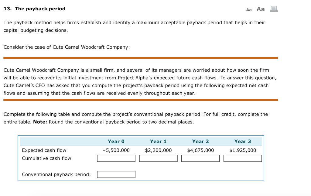 13. The payback period Aa Aa The payback method helps firms