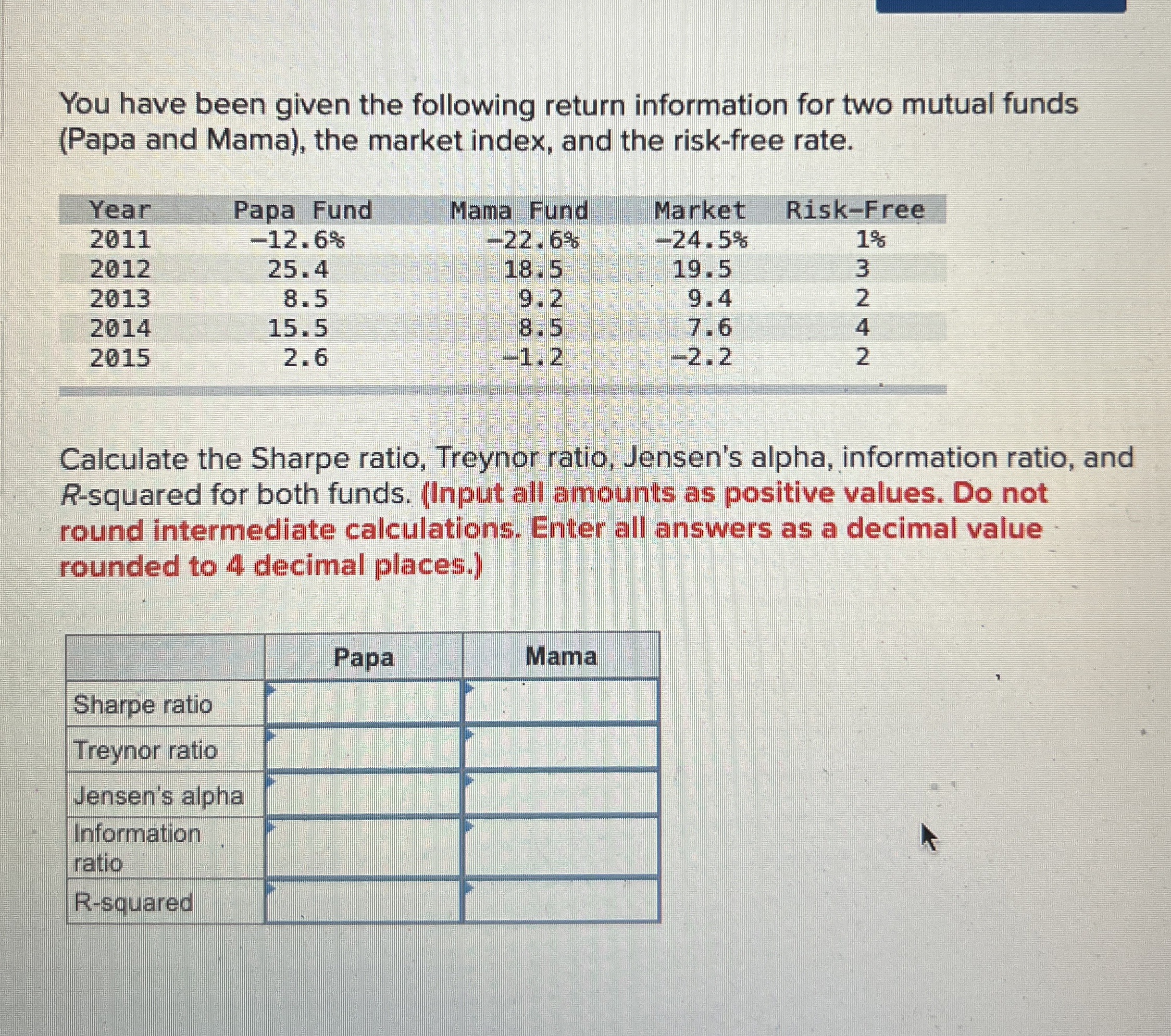  You have been given the following return information for two mutual