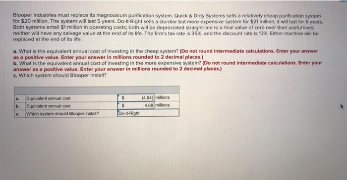 Blooper Industries must replace its magnooslum purification system. Quick & Dirty