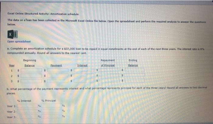  Excel Online Structured Activity: Amortization schedule The data on aloan has