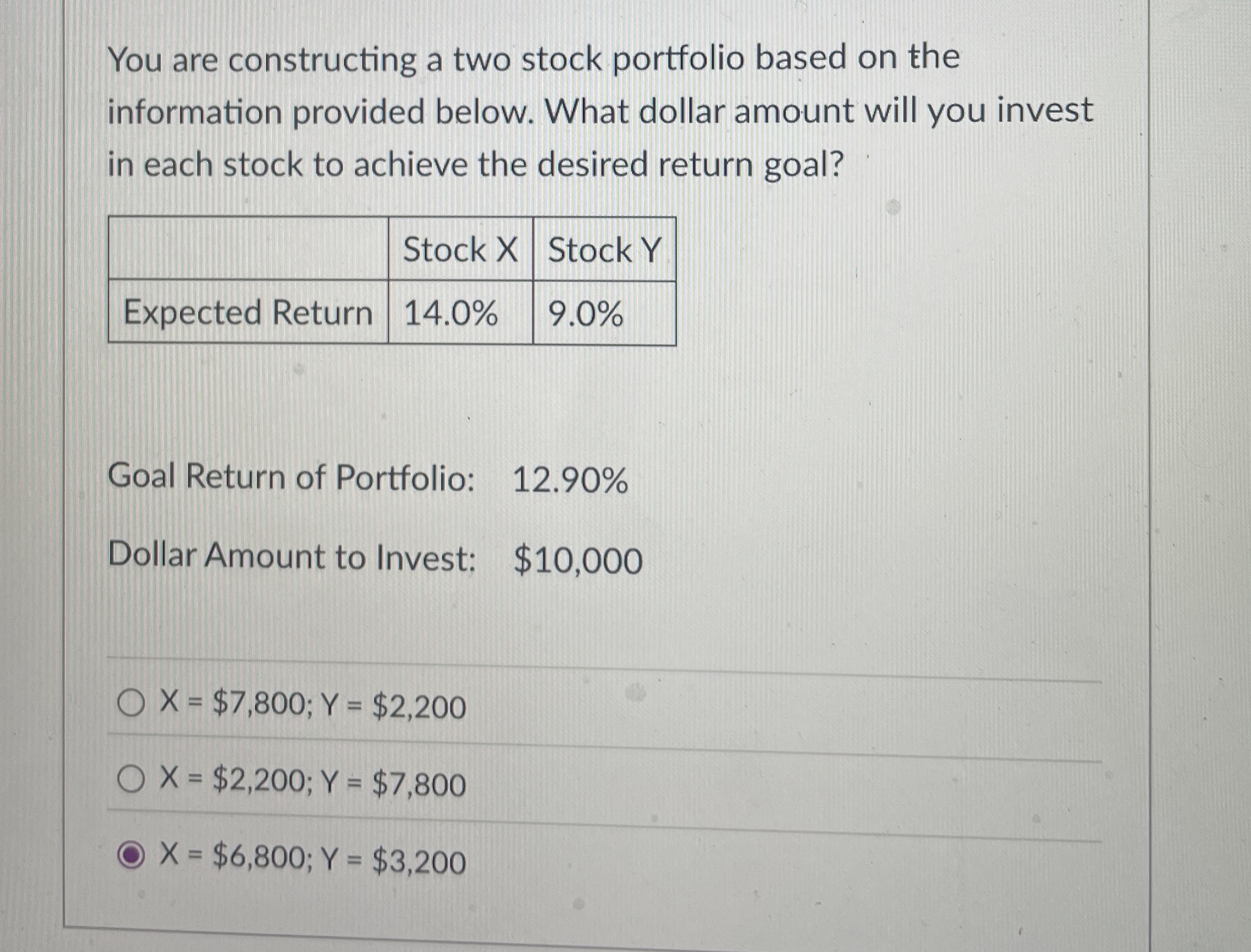  You are constructing a two stock portfolio based on the information
