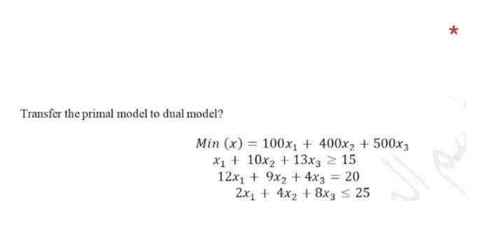  Transfer the primal model to dual model? Min (x) = 100x