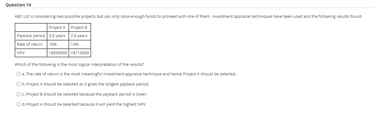 Question 14 ABC Ltd is considering two possible projects but can