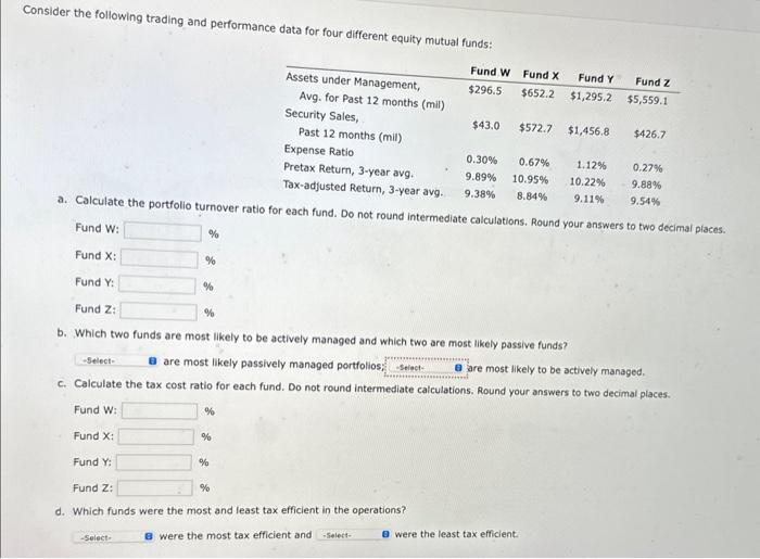  Consider the following trading and performance data for four different equity