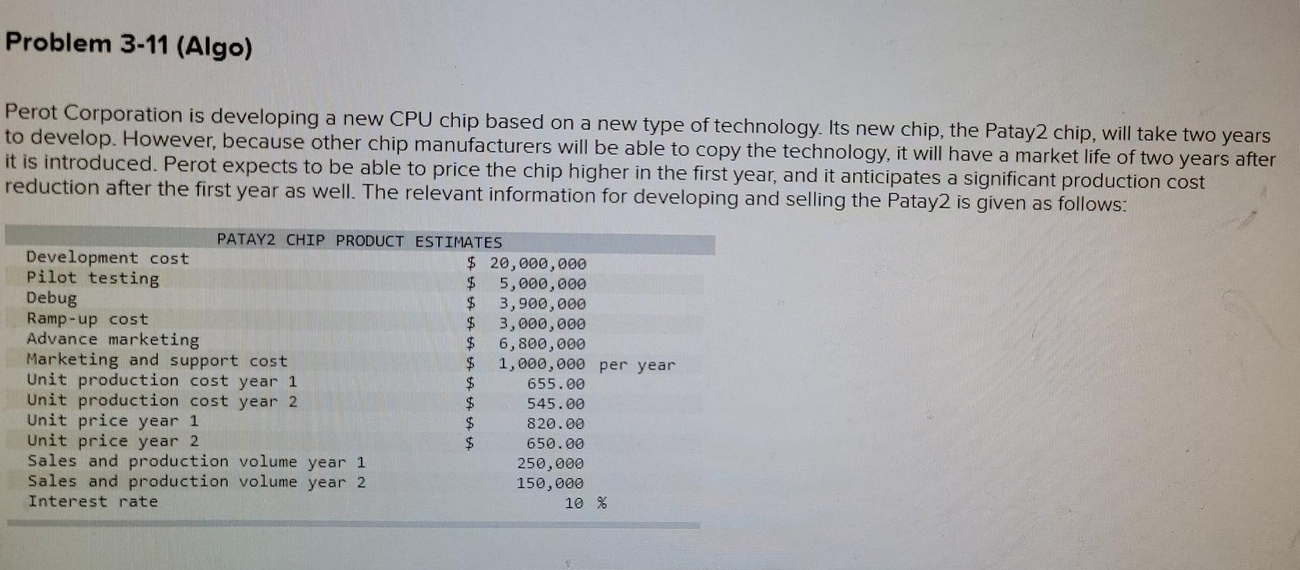 and support cost $ 1,000,000 per year Unit production cost year 1