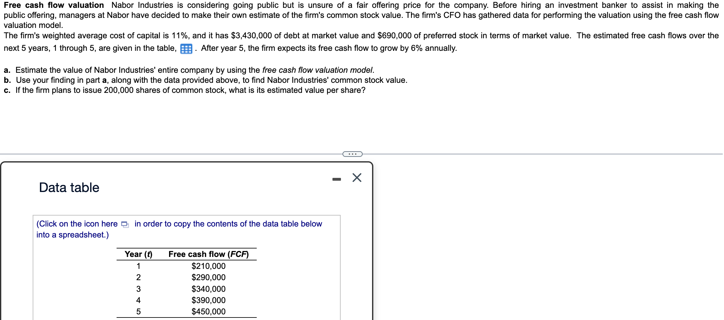  valuation model. next 5 years, 1 through 5 , are given