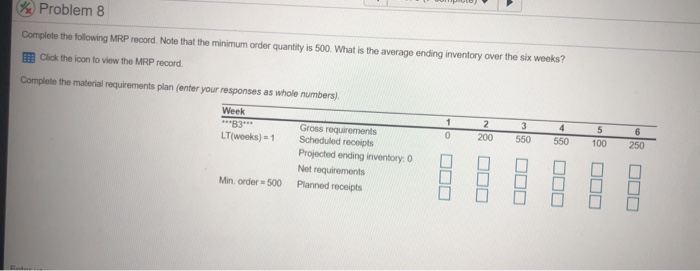 is 800. What is the average ending inventory over the six weeks?