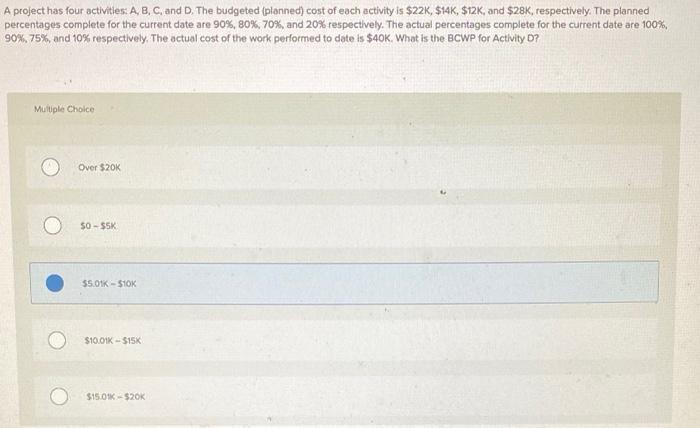  A project has four activities: A, B, C, and D. The