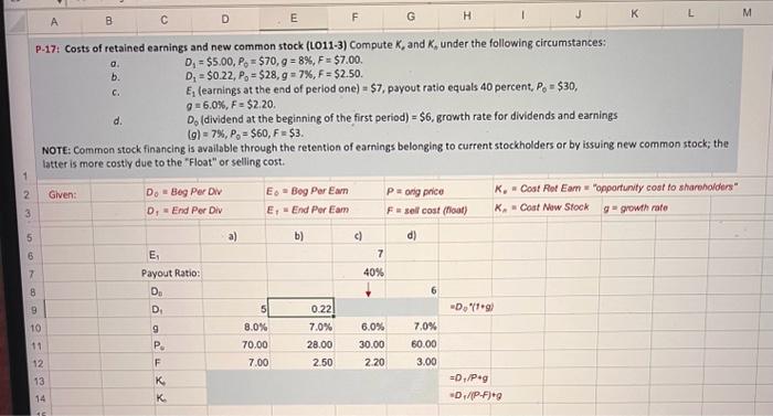 complete the problem using Excel formula P-17: Costs of retained earnings and