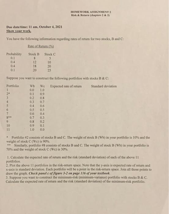  HOMEWORK ASSIGNMENT 2 Risk & Return (chapters 2 & 3) Due