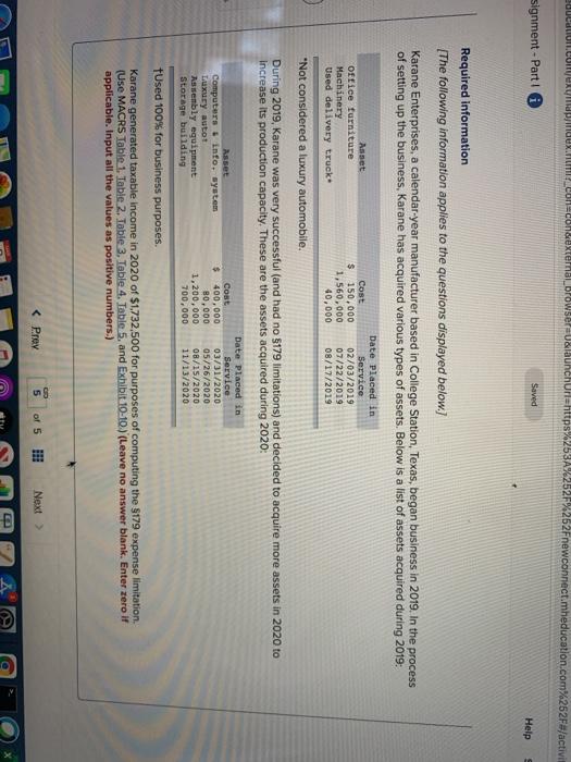 Required information Description Cost Sec. 179 Expense Bonus MACRS Basis Current MACRS