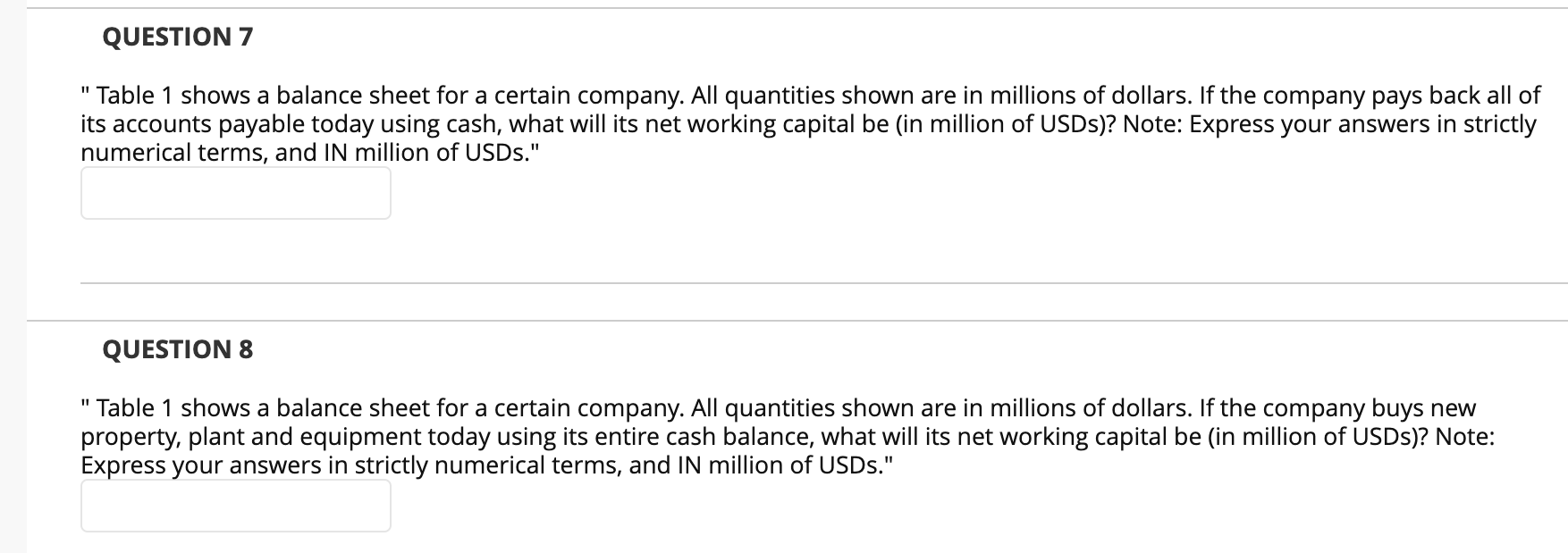 certain company. All quantities shown are in millions of dollars. What is