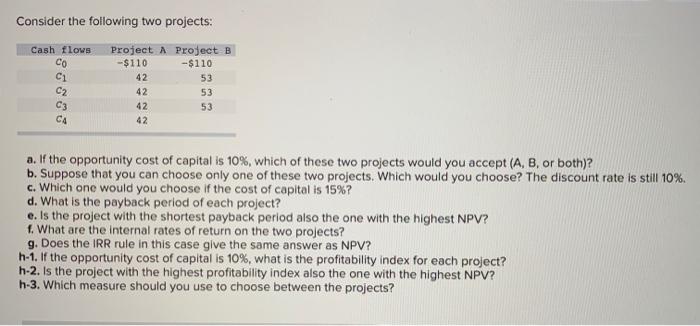  Consider the following two projects: Cash flows CO C1 C2 C3