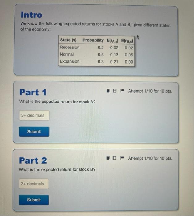  Intro We know the following expected returns for stocks A and