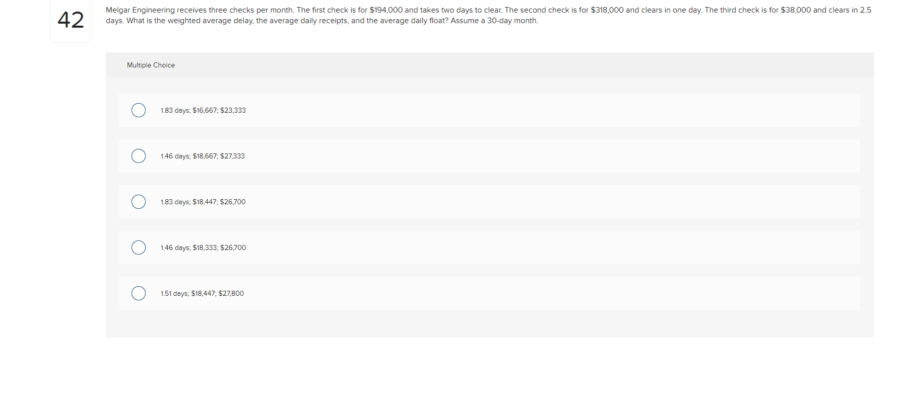 42 Melgar Engineering receives three checks per month. The first check