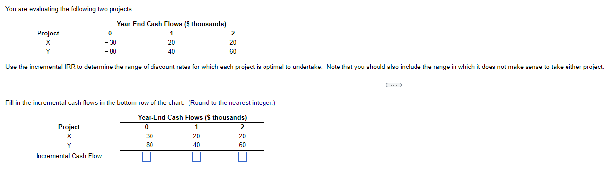  You are evaluating the following two projects: Use the incremental IRR