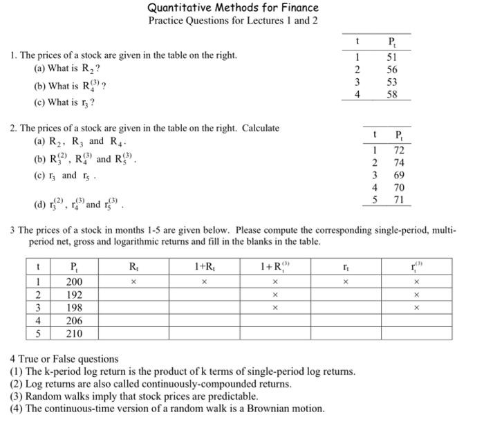  Quantitative Methods for Finance Practice Questions for Lectures 1 and 2