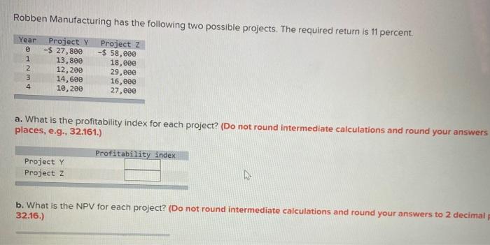 Robben Manufacturing has the following two possible projects. The required return