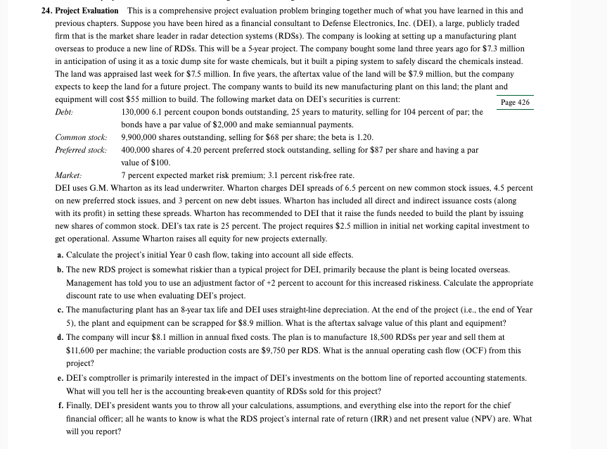  24. Project Evaluation This is a comprehensive project evaluation problem bringing