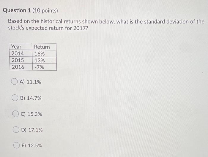  Question 1 (10 points) Based on the historical returns shown below,