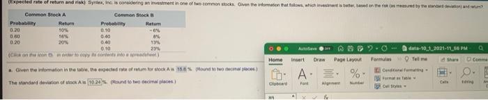 Please also include expected rate and standard deviation for Stock A and