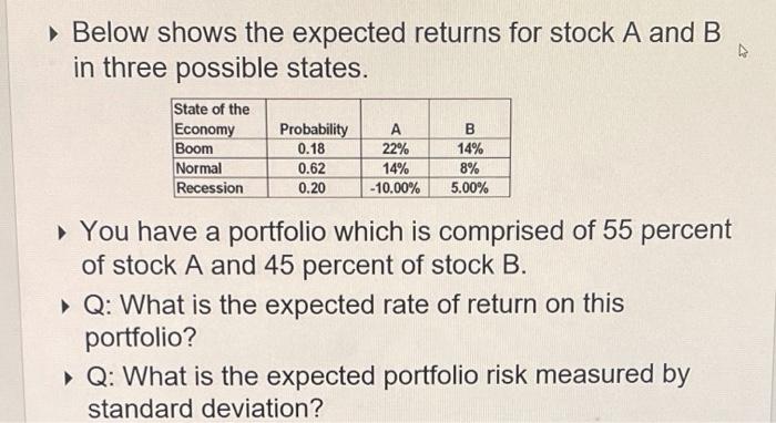  Below shows the expected returns for stock A and B in