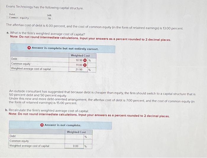  Evans Technology has the following capital structure. Debt Common equity The