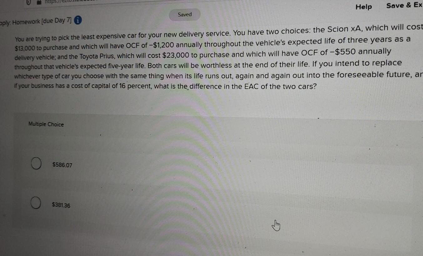  Saved Help Save & Ex oply: Homework (due Day 7] You