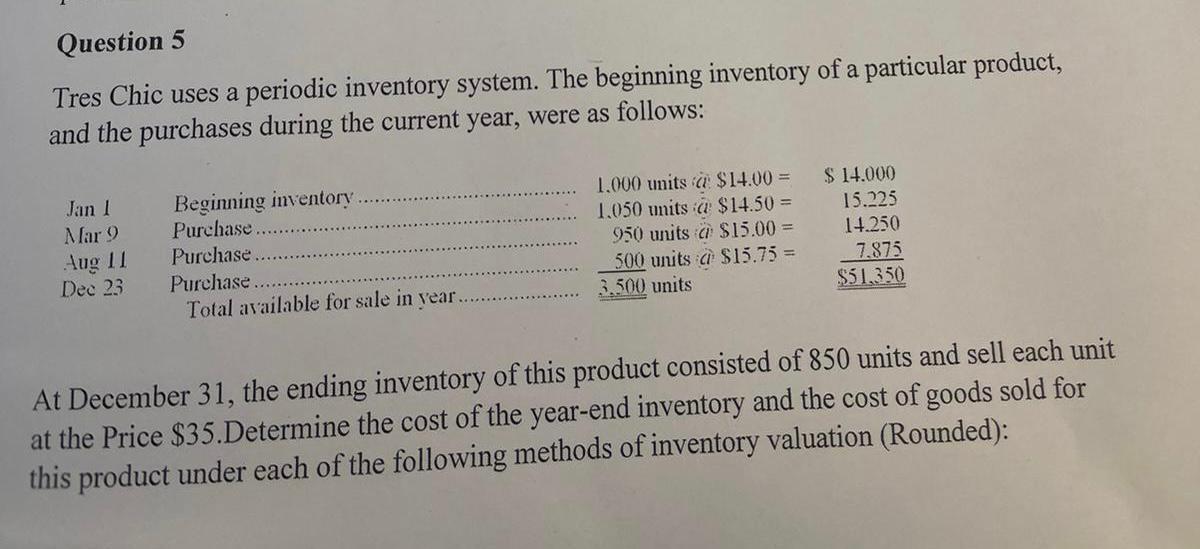  Question 5 Tres Chic uses a periodic inventory system. The beginning