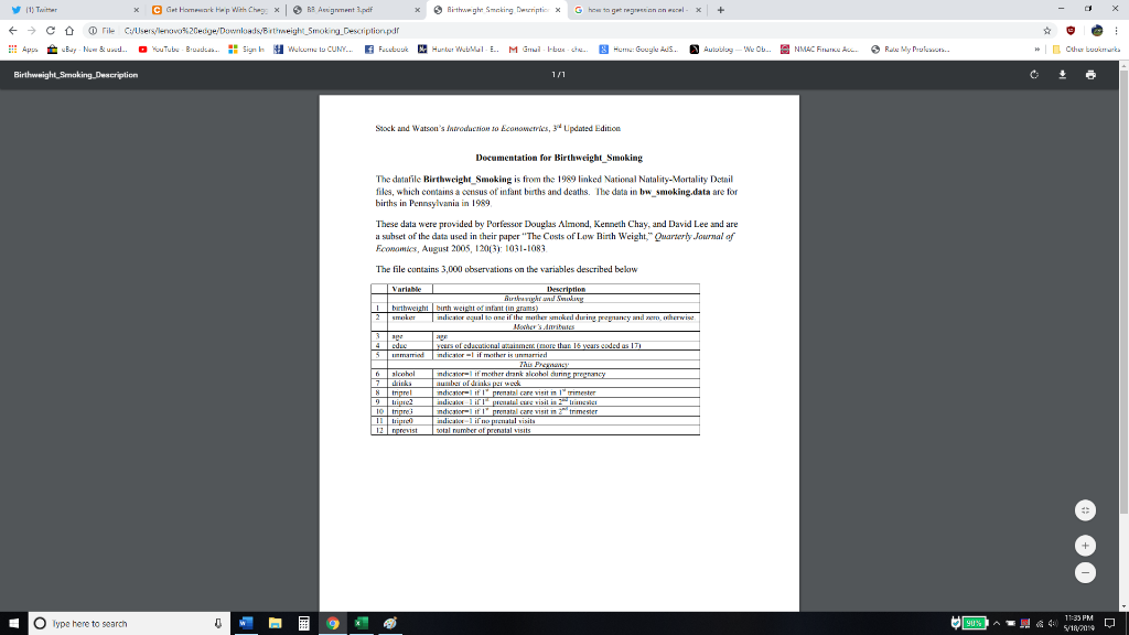 Assignment 3.pdf 1/2 Use the dara file Birthweight Smoking, which contains data