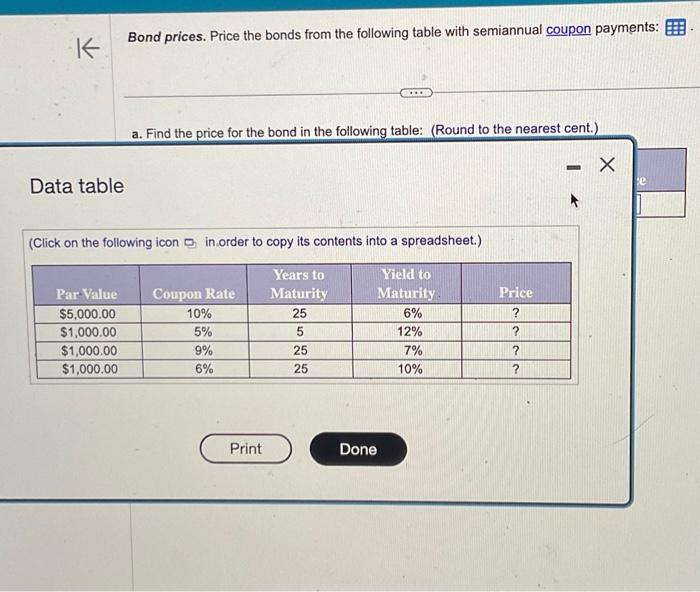  K Data table Bond prices. Price the bonds from the following