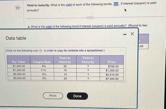 table with semiannual coupon payments: a. Find the price for the bond