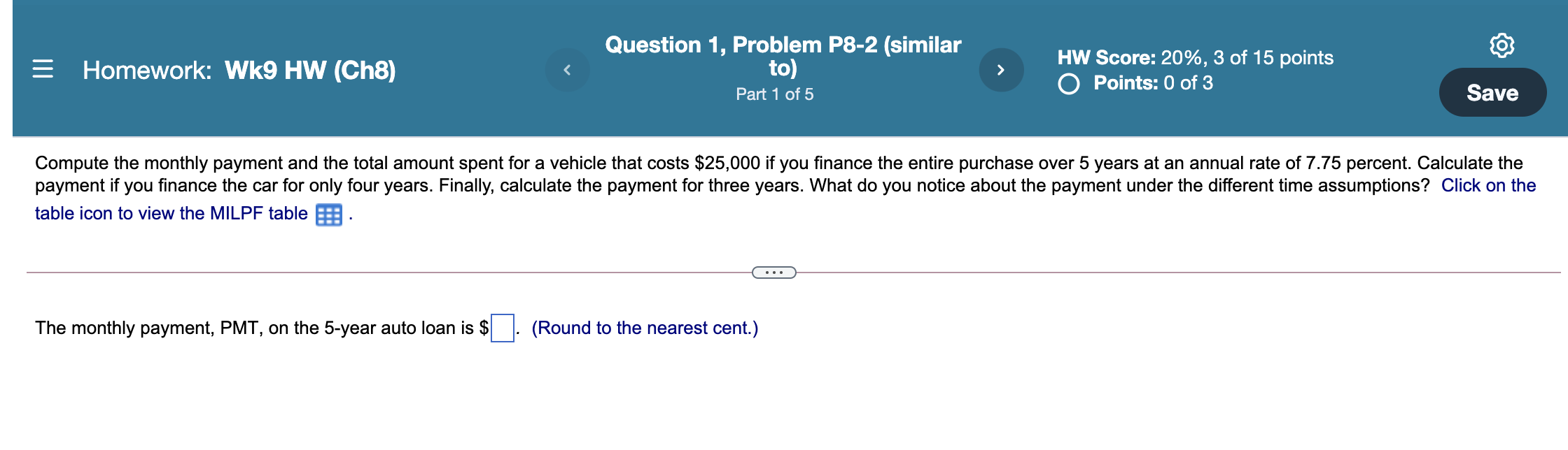 please use MILPF table = Homework: Wk9 HW (Ch8) Question 1, Problem