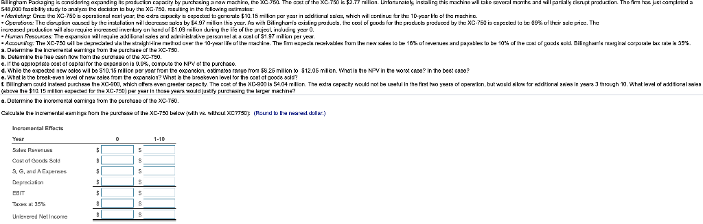  Bilingham Packaging is considering expanding its production capacity by purchasing a