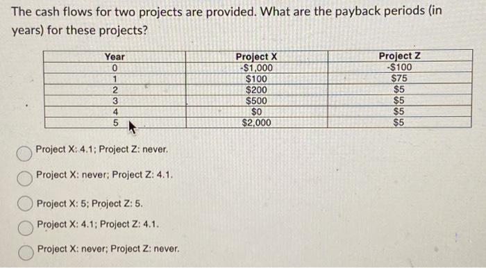  The cash flows for two projects are provided. What are the