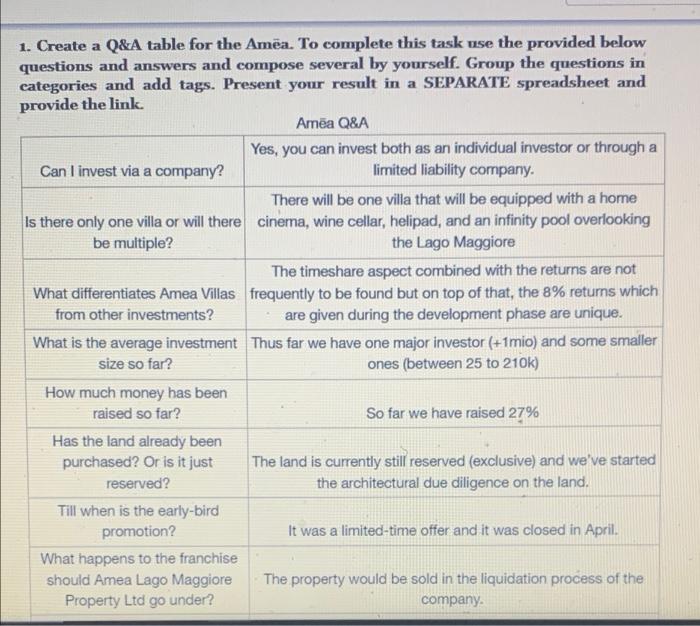  note; Amea is a luxurious villa 1. Create a Q&A table