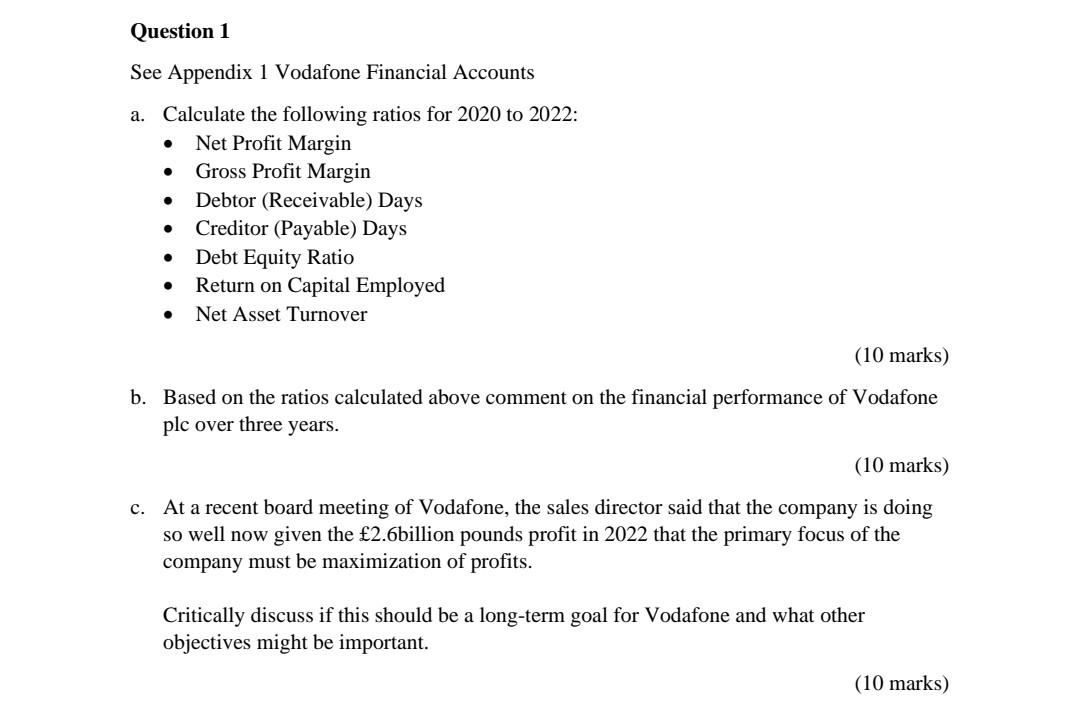 Appendix 1 Vodafone Financial Accounts a. Calculate the following ratios for 2020