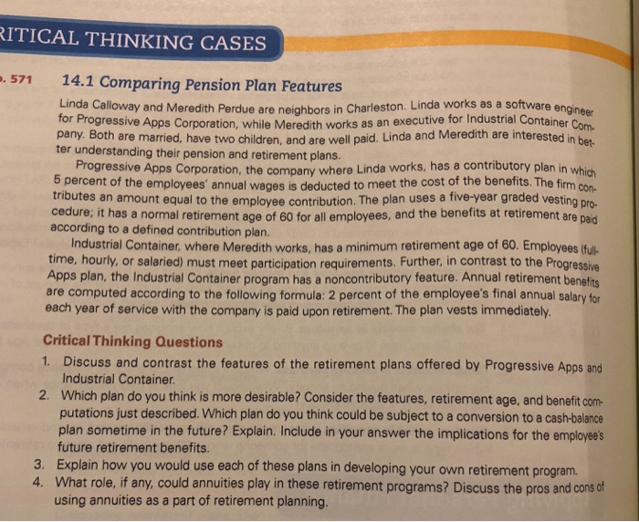  ITICAL THINKING CASES 571 14.1 Comparing Pension Plan Features Linda Calloway