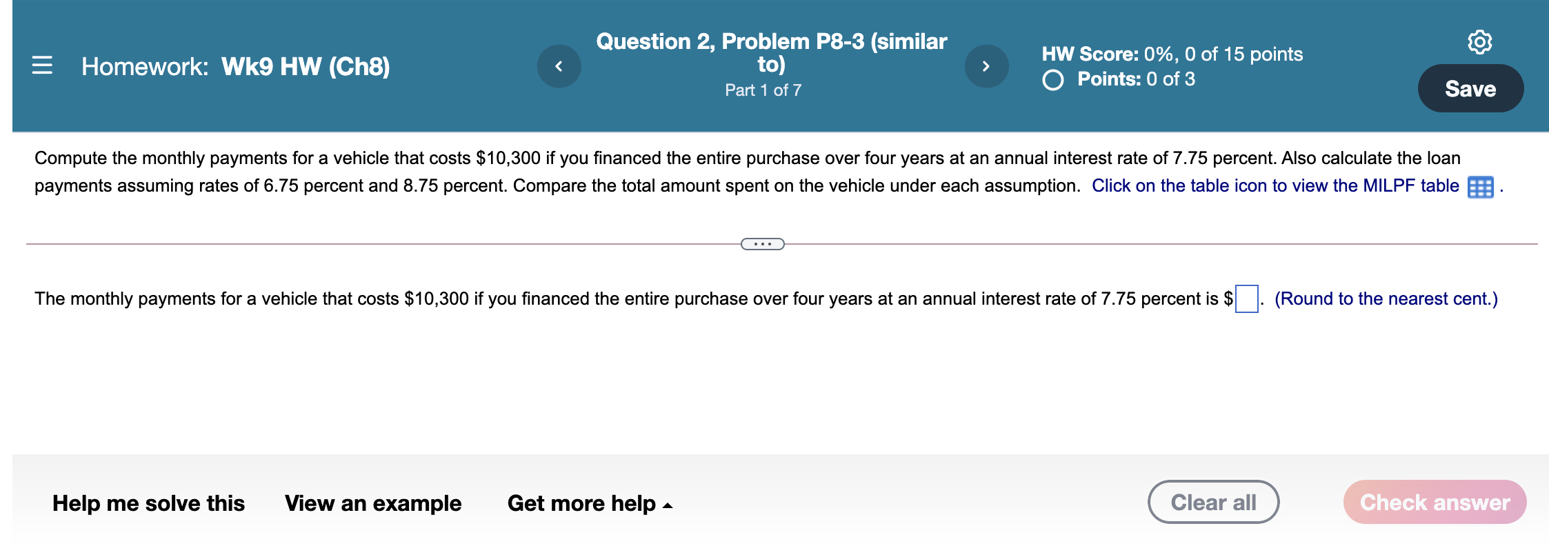 please use MILPF table = Homework: Wk9 HW (Ch8) Question 2, Problem