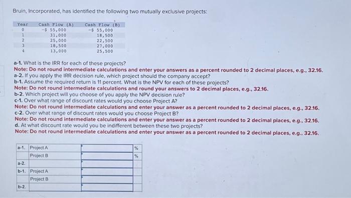  Bruin, Incorporated, has identified the following two mutually exclusive projects: Year