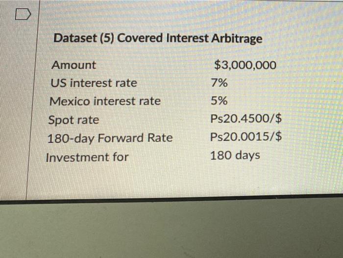  Dataset (5) Covered Interest Arbitrage Amount $3,000,000 7% 5% US interest