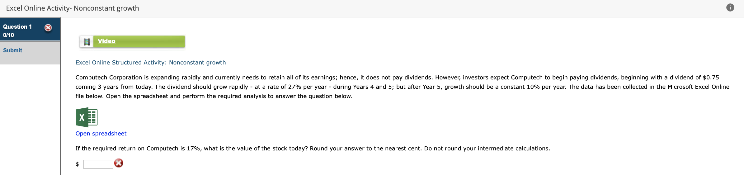 Excel Online Structured Activity: Nonconstant growth file below. Open the spreadsheet