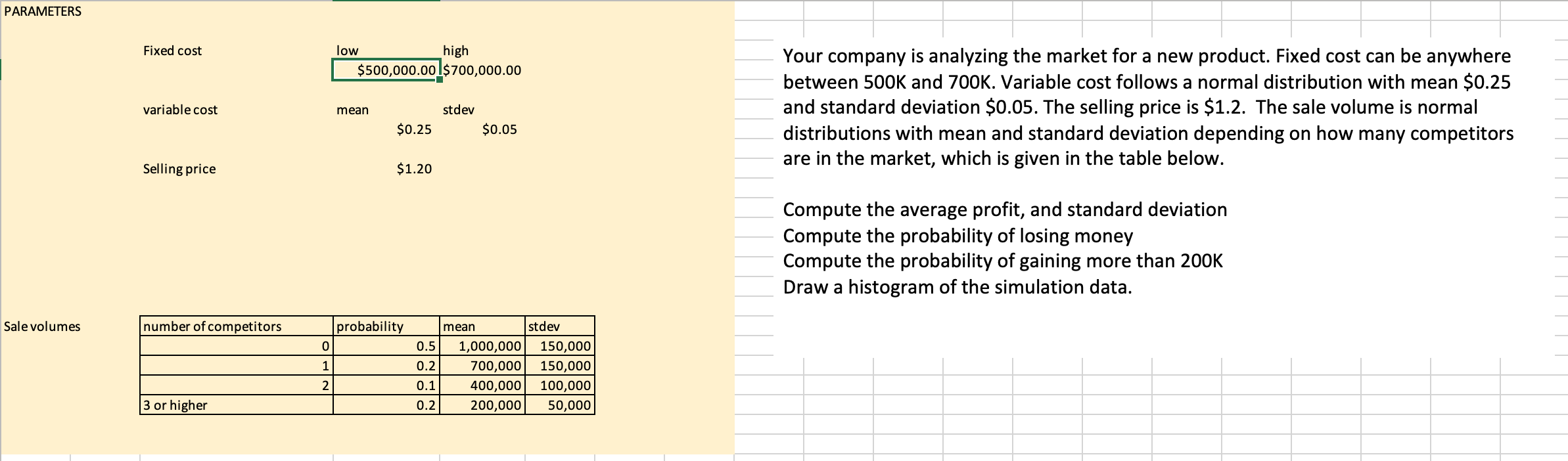 PARAMETERS Fixed cost low high $500,000.00 $700,000.00 variable cost mean stdev
