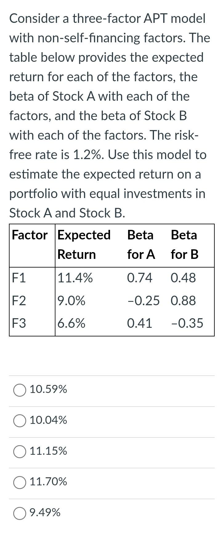  Consider a three-factor APT model with non-self-financing factors. The table below